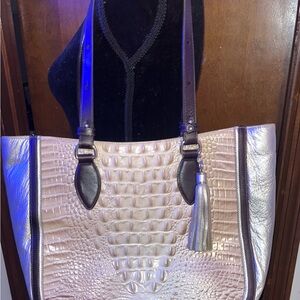 Brahmin Leather Large Shoulder Bag Tri Color Beige Brown and Metallic Champagne